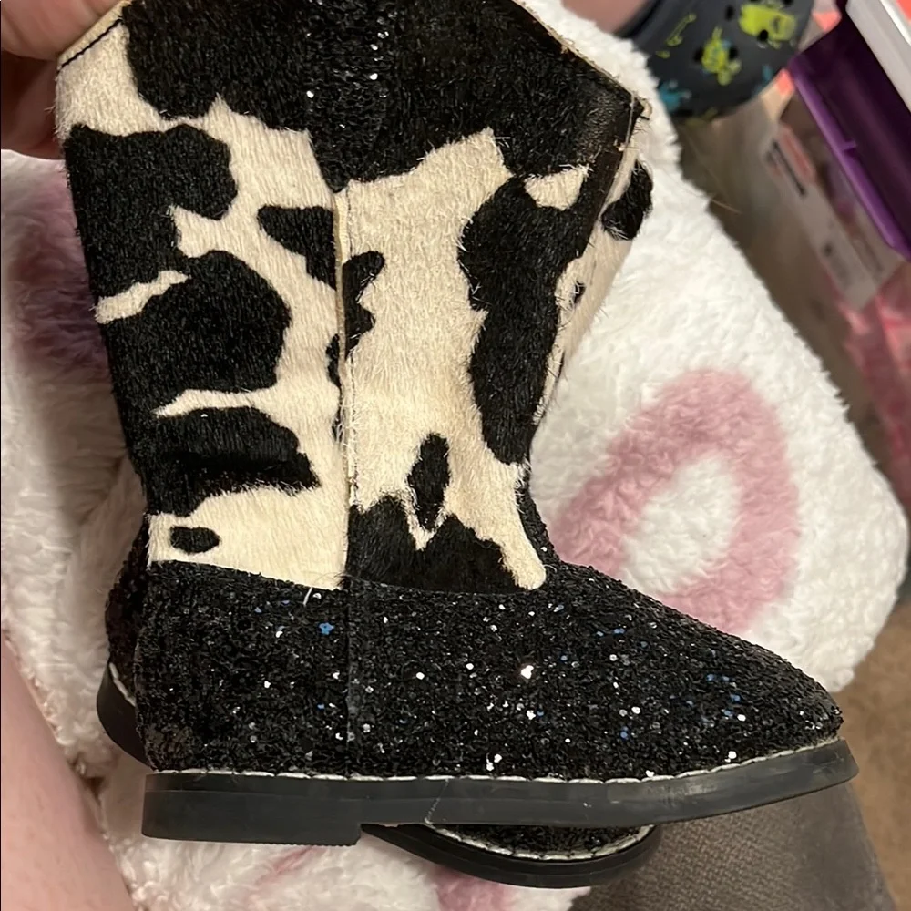 Kids Black & Cream Cow Print Glitter Boot